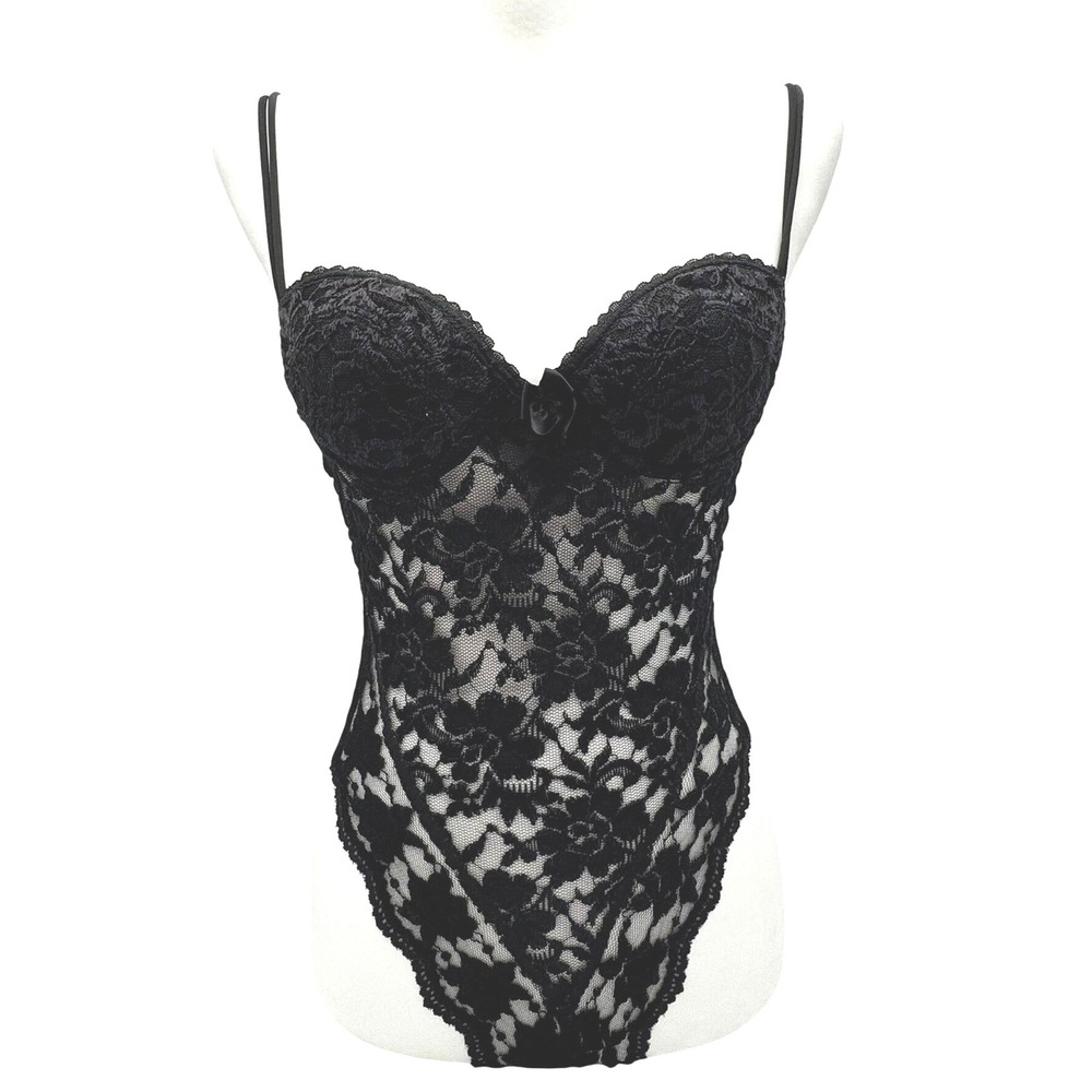VICTORIA'S‎ SECRET 32B Black Floral Lace Teddy Bodysuit Lingerie Sexy Sheer Bow
